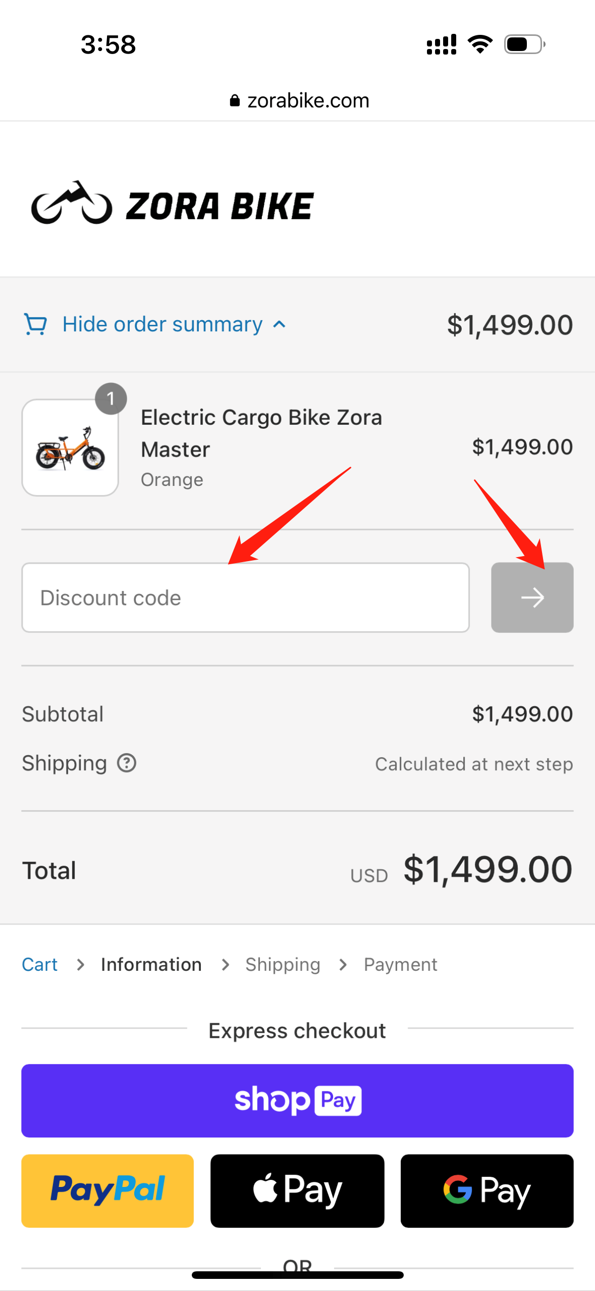 Zora Bike-How to use discout code-phone3